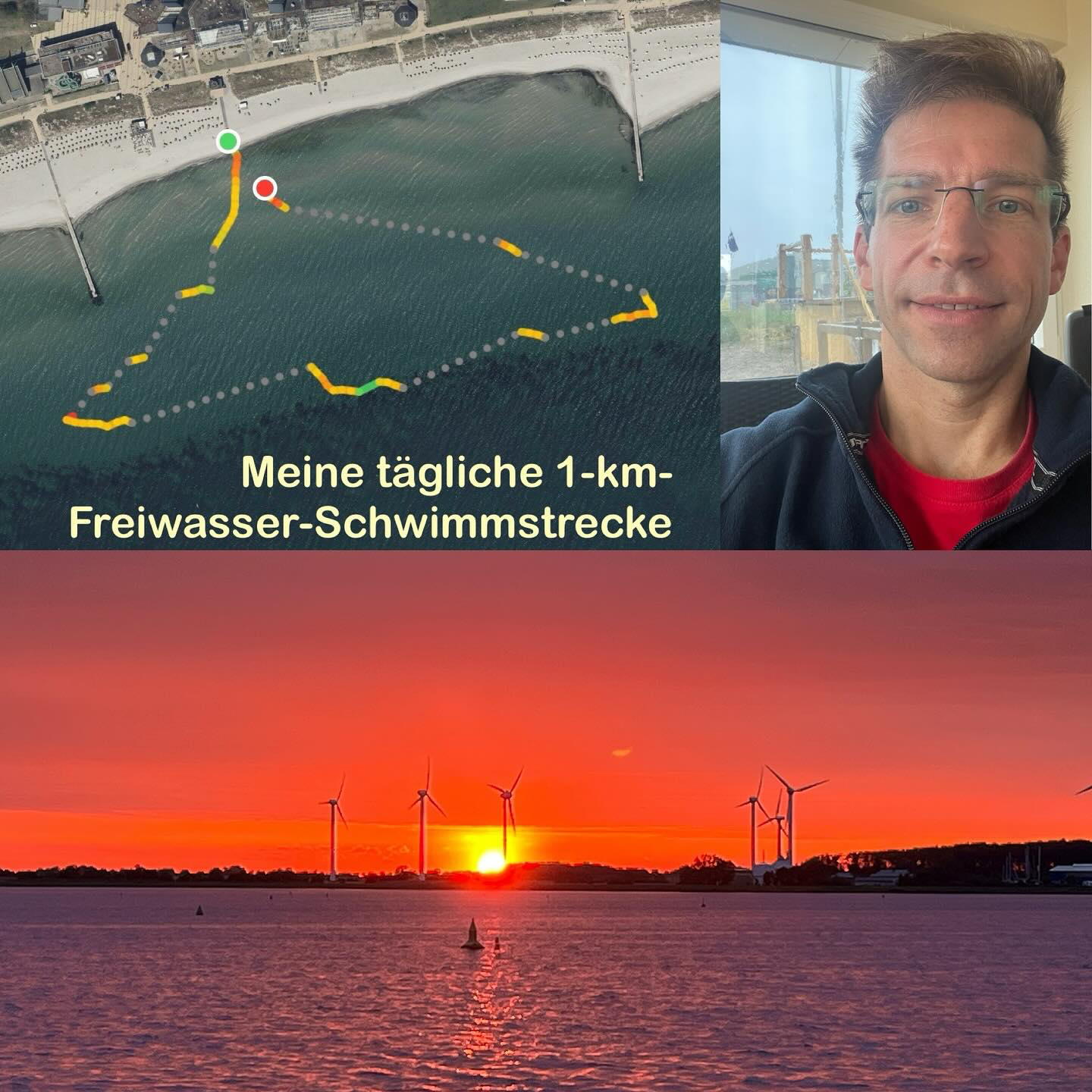 Sonnenuntergang und Schwimmstrecke am Südstrand, Fehmarn, 2025